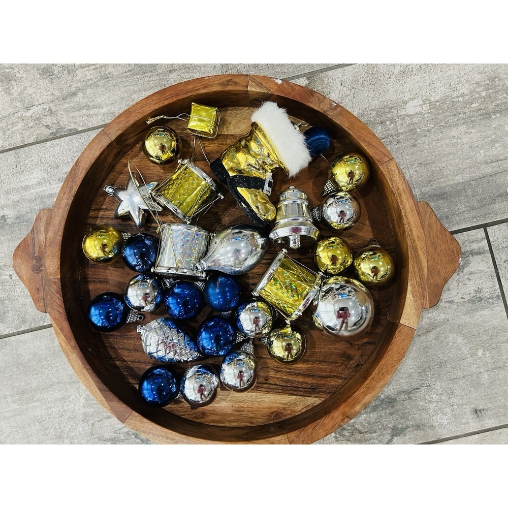 Vintage Lot Of Silver Blue Gold Christmas Ornaments Bulb Star Drum Estate Find